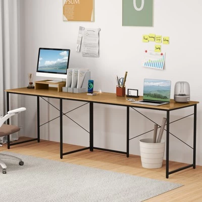 Tangkula L-Shaped Computer Desk With Power Outlets 95” Long 2-Person Desk With Monitor Shelf Modern Corner Desk Gaming Table With USB Ports Natural 4 Tangkula L-Shaped Computer Desk With Power Outlets 95” Long 2-Person Desk With Monitor Shelf Modern Corner Desk Gaming Table With USB Ports Natural - Image 3