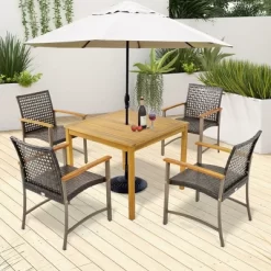 Tangkula 5 PCS Patio Dining Set Acacia Wood Table W/ 1.9" Umbrella Hole Wicker Armchairs -Tangkula GUEST be5a7e8a 194c 4465 82b9 e98a3e7294c2