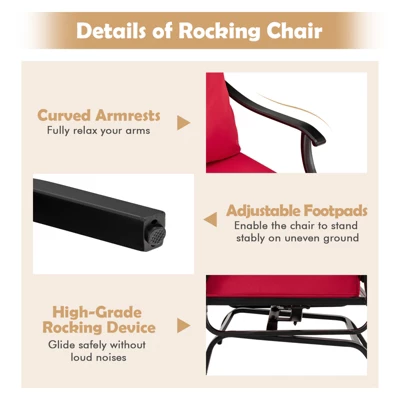 Tangkula 3PCS Outdoor Rocking Chair Set Patio Conversation Bistro Set W/ Red Cushions 6 Tangkula 3PCS Outdoor Rocking Chair Set Patio Conversation Bistro Set W/ Red Cushions - Image 4