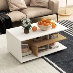 Tangkula Geometric Coffee Table W/ Storage Shelves 3-Tier Rectangular Tea Table