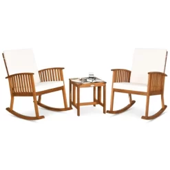 Tangkula 3 PCS Acacia Wood Rocking Bistro Set Outdoor Furniture Front Porch Rocker Chairs Conversation Set With Coffee Table And Cushions -Tangkula GUEST bf1f12cd 8948 46fe bea5 867bdff5dd75