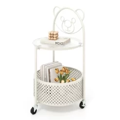 Tangkula 2-Tier Mobile Glass Coffee Table W/ Bear Pattern Storage Basket -Tangkula GUEST bf4ab563 e906 47a8 b370 da587f005902