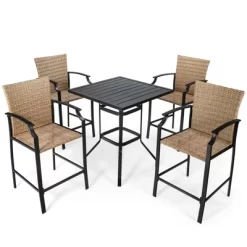 Tangkula 5PCS Patio Rattan Bar Set Wood Heavy-Duty Steel Frame Bistro Set With 4 Bar Stools For Poolside&Garden 14 Tangkula 5PCS Patio Rattan Bar Set Wood Heavy-Duty Steel Frame Bistro Set With 4 Bar Stools For Poolside&Garden -Tangkula GUEST bf7cf6c6 da9e 4d8d 9c59 9f7646420bf5