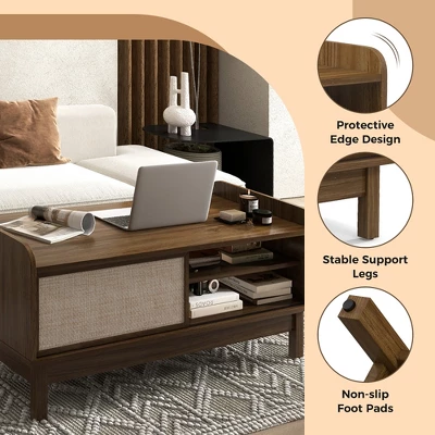 Tangkula Rectangular Coffee Table W/ Storage Weaving Sliding Door & Adjustable Shelf 7 Tangkula Rectangular Coffee Table W/ Storage Weaving Sliding Door & Adjustable Shelf - Image 5