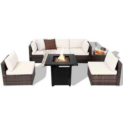 Tangkula Set Of 7 Patio Furniture Set W/ 28" 50000 BTU Propane Gas Fire Pit Table Cushions 8 Tangkula Set Of 7 Patio Furniture Set W/ 28" 50000 BTU Propane Gas Fire Pit Table Cushions - Image 6