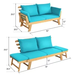 Tangkula Adjustable Patio Sofa Daybed Acacia Wood Furniture W/ Navy & Turquoise Sets Cushion -Tangkula GUEST c0466ba6 aa0d 453f 87c1 50d92009377a