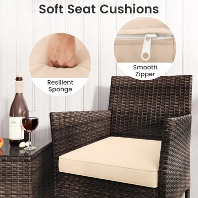 Tangkula 3 Pieces Patio Rattan Furniture Set Outdoor Conversation Set With PE Wicker Armchairs Tempered Glass Top Coffee Table 7 Tangkula 3 Pieces Patio Rattan Furniture Set Outdoor Conversation Set With PE Wicker Armchairs Tempered Glass Top Coffee Table - Image 5