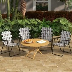 Tangkula Set Of 4 Webbed Lawn Chairs, Outdoor Patio Folding Chairs W/ Heavy-Duty Metal Frame Lightweight Portable Web Camping Chairs Brown/Blue/Red