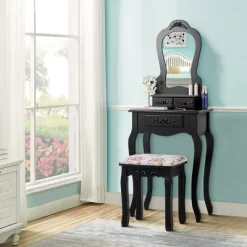 Tangkula Vanity Mirror Makeup Dressing Table Set W/ Stool Drawer Wood Desk