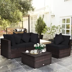 Tangkula 4PCS Rattan Patio Conversation Furniture Set Yard Outdoor W/ Black Cushion