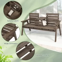 Tangkula Outdoor Fir Wood Bench W/ Foldable Middle Table W/ Backrest & Armrests -Tangkula GUEST c412fd88 f1f1 4057 85e5 a9ba50c887b8