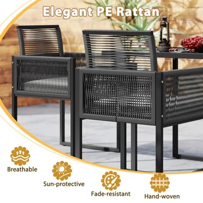 Tangkula 3 Pieces Patio Dining Set Outdoor Space-Saving PE Wicker Bistro Set With Cushions Patio Tempered Glass Top Table And Chairs Set 7 Tangkula 3 Pieces Patio Dining Set Outdoor Space-Saving PE Wicker Bistro Set With Cushions Patio Tempered Glass Top Table And Chairs Set - Image 5