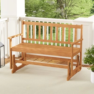 Tangkula 2 Person Patio Glider Bench Solid Acacia Wood Porch Glider Chair W/ Seat 4 Tangkula 2 Person Patio Glider Bench Solid Acacia Wood Porch Glider Chair W/ Seat - Image 2