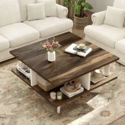 Tangkula 2-Tier Square Coffee Table W/ Storage Farmhouse Modern Accent Table Center Table