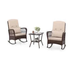 Tangkula 3 Piece Rocker Set Outdoor Wicker Rocking Chairs With Double-Layer Rattan Rocker Chair Set With Back Cushions & Pillows Beige/Gray/Blue/Red -Tangkula GUEST c57e9bd4 d14d 4d73 ba38 494f69b1b78b