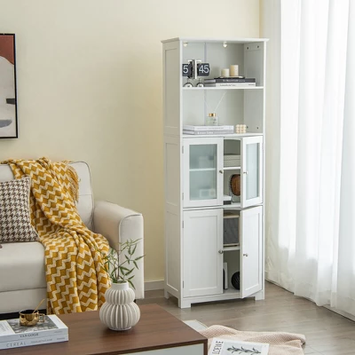 Tangkula Bathroom Tall Storage Cabinet Linen Tower W/ Glass Door & Adjustable Shelf White 5 Tangkula Bathroom Tall Storage Cabinet Linen Tower W/ Glass Door & Adjustable Shelf White - Image 3