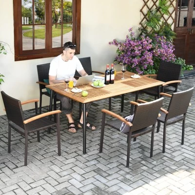 Tangkula 7 PCS Patio Rattan Dining Furniture Set Armrest Chairs Wooden Table 4 Tangkula 7 PCS Patio Rattan Dining Furniture Set Armrest Chairs Wooden Table - Image 2