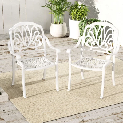 Tangkula Set Of 2 Cast Aluminum Patio Dining Chairs Stackable Outdoor Dining Chairs With Armrests Outdoor Bistro Chairs White 9 Tangkula Set Of 2 Cast Aluminum Patio Dining Chairs Stackable Outdoor Dining Chairs With Armrests Outdoor Bistro Chairs White - Image 7
