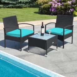 Tangkula 3 PCS Patio Wicker Rattan Furniture Set Coffee Table & 2 Rattan Chair W/ Cushion Turquoise -Tangkula GUEST c6e7b92f 833b 4f3e 8d3b 781c07cb1647