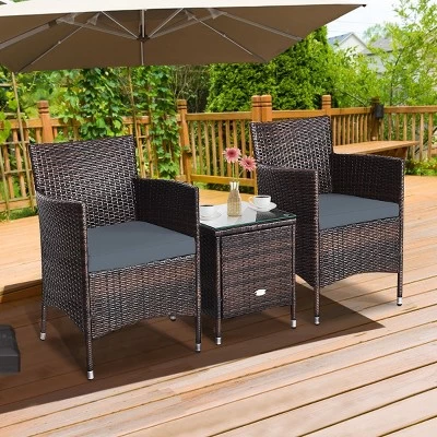 Tangkula 3-Piece Patio Wicker Rattan Furniture Set Conversation Sofa Set W/Coffee Table Grey 4 Tangkula 3-Piece Patio Wicker Rattan Furniture Set Conversation Sofa Set W/Coffee Table Grey - Image 2