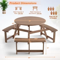 Tangkula 6-Person Outdoor Wooden Picnic Table W/ 3 Benches & Solid Wood Table, Circular Outdoor Dining Table W/ Umbrella Hole -Tangkula GUEST c74a832e cb31 4224 9074 d0fdf829e17e