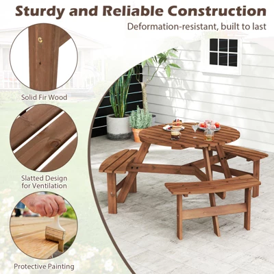 Tangkula 6-Person Round Picnic Table Set W/ 3 Built-in Benches 2" Umbrella Hole 7 Tangkula 6-Person Round Picnic Table Set W/ 3 Built-in Benches 2" Umbrella Hole - Image 5