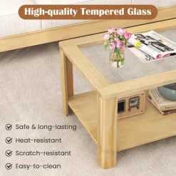 Tangkula 2-Tier Coffee Table W/ Tempered Glass Tabletop & Storage Shelf Rounded Corners -Tangkula GUEST c7ff93e8 2139 4f11 b41e 5be6248758c2