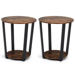 Tangkula 2 PCS 2-Tier Industrial Round End Table Metal Sofa Side Table With Storage Shelf -Tangkula GUEST c8823737 dc72 456c 875b e743898413a2