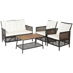 Tangkula 8PCS Cushioned Patio PE Wicker Conversation Furniture Set W/ Acacia Wood Tabletop -Tangkula GUEST c88394c0 febe 4d3c bb0c 64f0765d0ac0