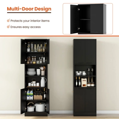 Tangkula Kitchen Pantry Cabinet 75” Tall Freestanding Cupboard With Doors & Shelves Safety Hinges & Anti-tipping Devices Black/White 9 Tangkula Kitchen Pantry Cabinet 75” Tall Freestanding Cupboard With Doors & Shelves Safety Hinges & Anti-tipping Devices Black/White - Image 7