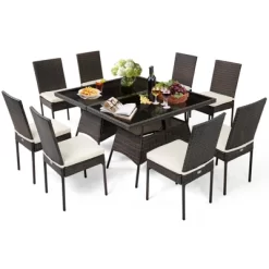 Tangkula 10 PCS Rattan Dining Set W/ Glass Table & High Back Chair Patio Mix Brown