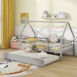Tangkula Twin Size House Bed W/ Trundle Wooden Kids Bed W/ Safety Rails & Decorable Roof 21 Tangkula Twin Size House Bed W/ Trundle Wooden Kids Bed W/ Safety Rails & Decorable Roof -Tangkula GUEST c93747f6 ac10 4fbd 9297 73ccddf3ab64