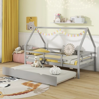 Tangkula Twin Size House Bed W/ Trundle Wooden Kids Bed W/ Safety Rails & Decorable Roof 11 Tangkula Twin Size House Bed W/ Trundle Wooden Kids Bed W/ Safety Rails & Decorable Roof - Image 9
