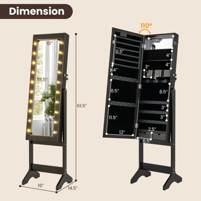 Tangkula Jewelry Armoire Cabinet Standing Lockable Jewelry Organizer With Lighted Full-Length Mirror Black/Rustic Brown/White 10 Tangkula Jewelry Armoire Cabinet Standing Lockable Jewelry Organizer With Lighted Full-Length Mirror Black/Rustic Brown/White - Image 8