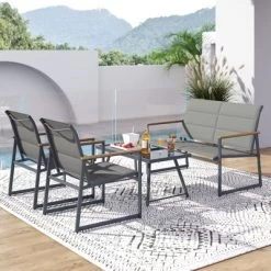 Tangkula 4 Piece Patio Furniture Set Outdoor Metal Conversation Set W/ Padded Fabric Seat -Tangkula GUEST ca63f217 3f3d 4b6e 81ac 72fb02e57a65