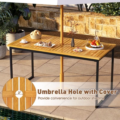 Tangkula 3 PCS Outdoor Dining Set For 6 W/Acacia Wood Tabletop Metal Frame Umbrella Hole 6 Tangkula 3 PCS Outdoor Dining Set For 6 W/Acacia Wood Tabletop Metal Frame Umbrella Hole - Image 4