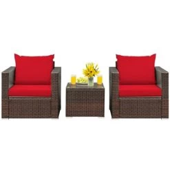 Tangkula 3PCS Patio Rattan Furniture Set With 2 Cushioned Sofas & Coffee Table For Outdoor Turquoise/Black/Navy/Red/Brown -Tangkula GUEST cb11688c 67e9 4836 8359 58d39aa678a3