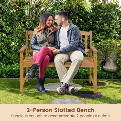 Tangkula 2-Person Outdoor Bench Patio Wooden Bench With Ergonomic Backrest & Armrests All-weather Acacia Wood Frame 43"x 22" 11 Tangkula 2-Person Outdoor Bench Patio Wooden Bench With Ergonomic Backrest & Armrests All-weather Acacia Wood Frame 43"x 22" - Image 9