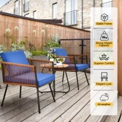 Tangkula 3 Pieces Patio Bistro Set Outdoor Conversation Chair Set With Coffee Table Modern Furniture Set With Soft Cushions Blue -Tangkula GUEST cb3109a7 8ac6 48c4 8d52 133fd7981e13