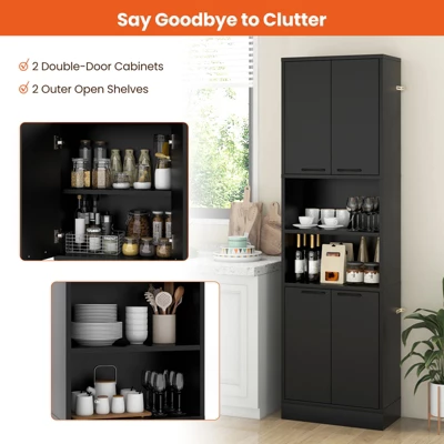 Tangkula Kitchen Pantry Cabinet 75” Tall Freestanding Cupboard With Doors & Shelves Safety Hinges & Anti-tipping Devices Black/White 8 Tangkula Kitchen Pantry Cabinet 75” Tall Freestanding Cupboard With Doors & Shelves Safety Hinges & Anti-tipping Devices Black/White - Image 6