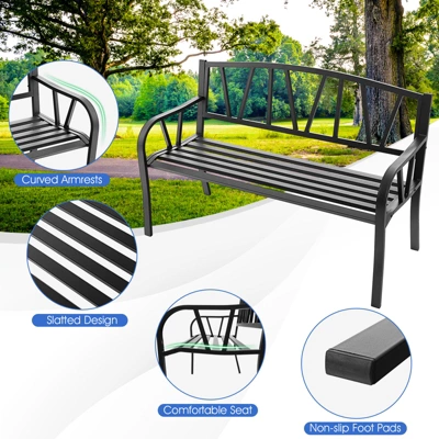 Tangkula Garden Bench Metal Frame W/ Ergonomic Armrest Load Patio Black 4 Tangkula Garden Bench Metal Frame W/ Ergonomic Armrest Load Patio Black - Image 2