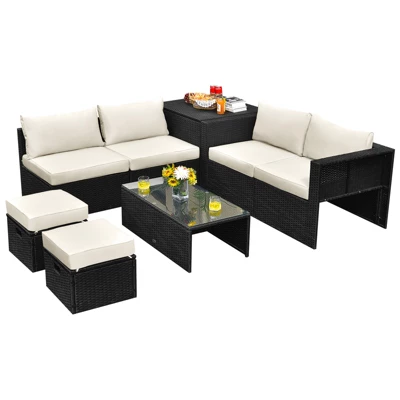 Tangkula 8PCS Patio Conversation Set Sectional Sofa Set, All-Weather PE Rattan, Tempered Glass Table & Washable Cushion Covers 9 Tangkula 8PCS Patio Conversation Set Sectional Sofa Set, All-Weather PE Rattan, Tempered Glass Table & Washable Cushion Covers - Image 7