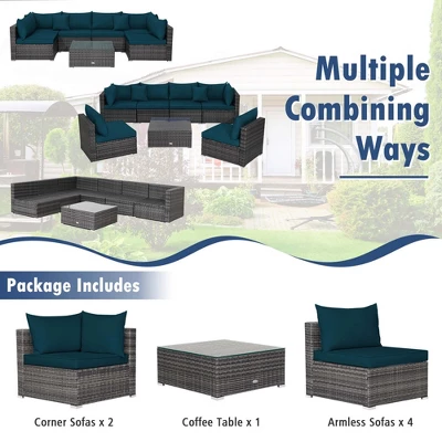 Tangkula Set Of 7 Patio Wicker Furniture Set Outdoor Rattan Sectional Sofa With Seat & Back Cushions 2 Throw Pillows Blue 4 Tangkula Set Of 7 Patio Wicker Furniture Set Outdoor Rattan Sectional Sofa With Seat & Back Cushions 2 Throw Pillows Blue - Image 2