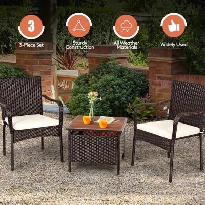 Tangkula 3 PCS Patio Furniture Set PE Wicker Bistro Set W/Acacia Wood Coffee Table & Umbrella Hole For Backyard Garden Poolside 8 Tangkula 3 PCS Patio Furniture Set PE Wicker Bistro Set W/Acacia Wood Coffee Table & Umbrella Hole For Backyard Garden Poolside - Image 6