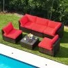 Tangkula 6PCS Wicker Patio Sectional Conversation Furniture Set With Coffee Table & Seat Cushions Red