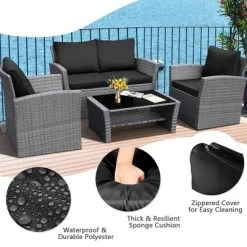 Tangkula 4PCS Patio Rattan Conversation Set Outdoor Furniture Set W/ Black Cushions -Tangkula GUEST ce96da9b 46ec 4661 86df c83479f34c45
