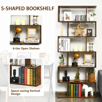 Tangkula 6-Tier S-Shaped Wooden Bookshelf Storage Bookcase Multifunctional Display Stand Shelf 4 Tangkula 6-Tier S-Shaped Wooden Bookshelf Storage Bookcase Multifunctional Display Stand Shelf - Image 3
