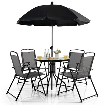 Tangkula 6PCS Patio Garden Dining Set W/ Round Table & 4 Folding Chairs & Umbrella 9 Tangkula 6PCS Patio Garden Dining Set W/ Round Table & 4 Folding Chairs & Umbrella - Image 7
