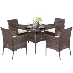 Tangkula 5 PCS Outdoor Rattan Dining Set Patio Wicker Conversation Set W/Cushioned Chair & Glass Table -Tangkula GUEST ced1b931 70da 4f47 b67c ddb41c768e47