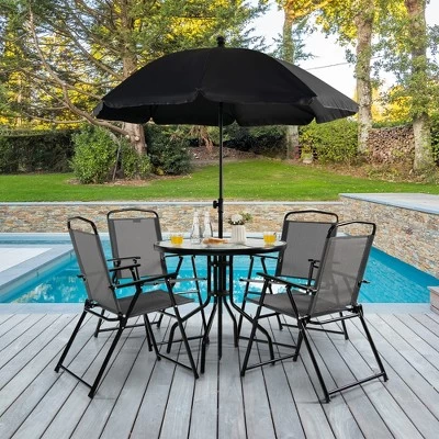 Tangkula 6PCS Patio Garden Dining Set W/ Round Table & 4 Folding Chairs & Umbrella 3 Tangkula 6PCS Patio Garden Dining Set W/ Round Table & 4 Folding Chairs & Umbrella